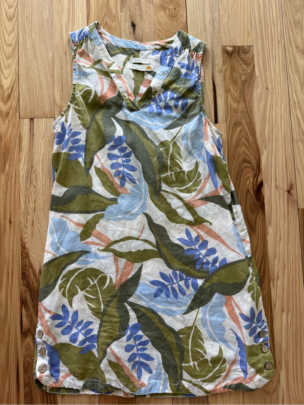 C&C California Leaf-Print Linen Dress in Olive, Blue & Peach